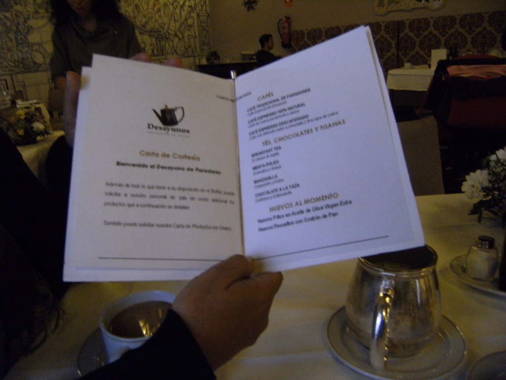 Breakfast menu at the Parador